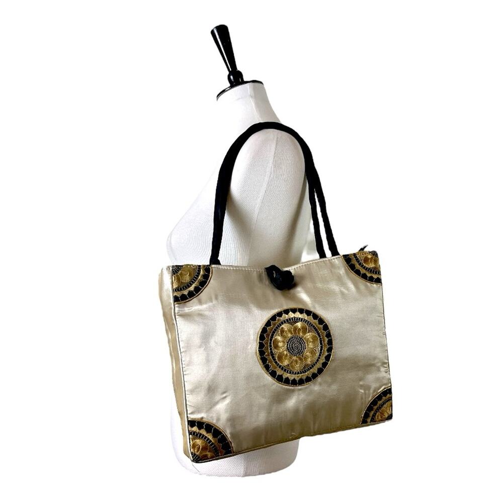 Satin Fabric Handbag Bundle Embroidered Brocade Medallion Design Burgundy Cream